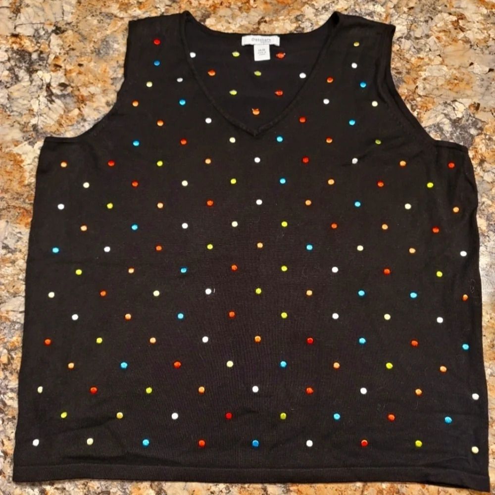 0105. Multi-Color Dots Pop on a Background of Black, Sleeveless Sweater V-neck ~